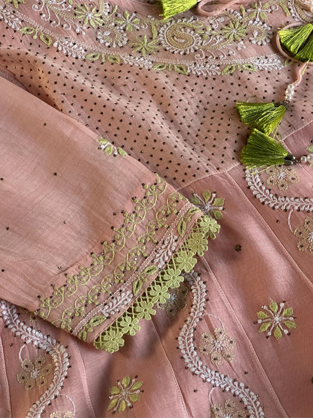Peach & Green Shade Malmal Mukaish Kamdani Chikankari Kalidar Angarkha