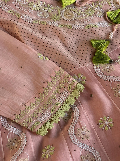 Peach & Green Shade Malmal Mukaish Kamdani Chikankari Kalidar Angarkha