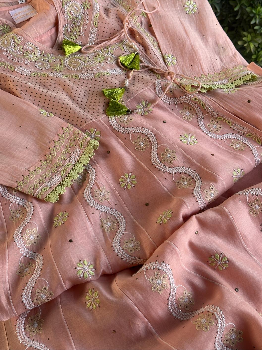 Peach & Green Shade Malmal Mukaish Kamdani Chikankari Kalidar Angarkha