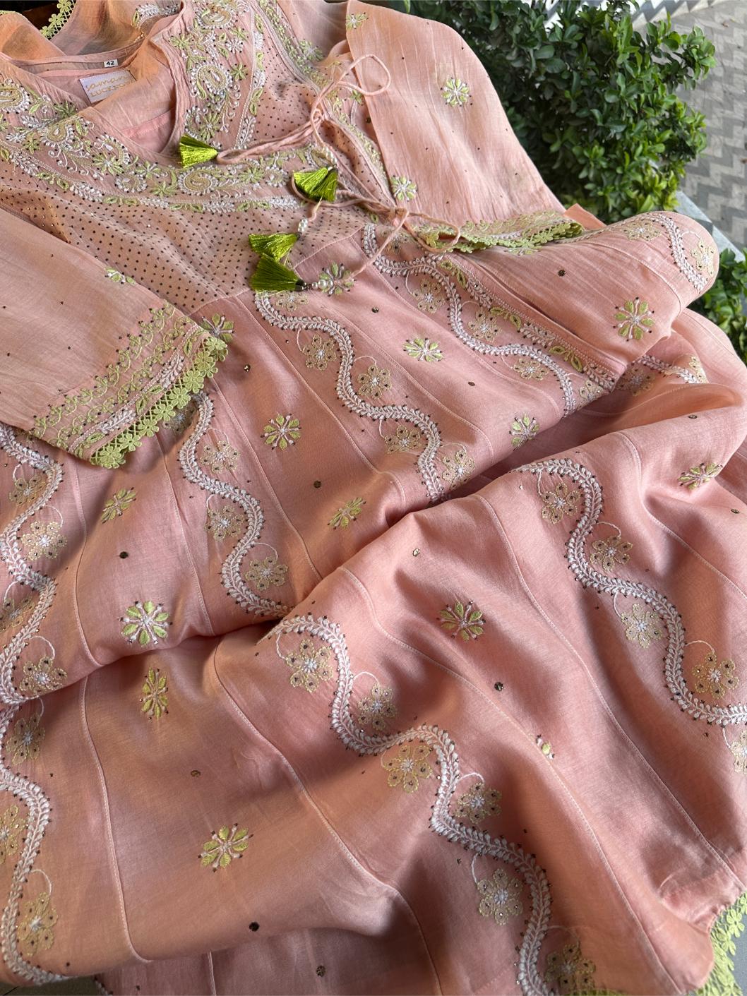 Peach & Green Shade Malmal Mukaish Kamdani Chikankari Kalidar Angarkha
