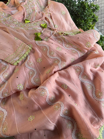 Peach & Green Shade Malmal Mukaish Kamdani Chikankari Kalidar Angarkha
