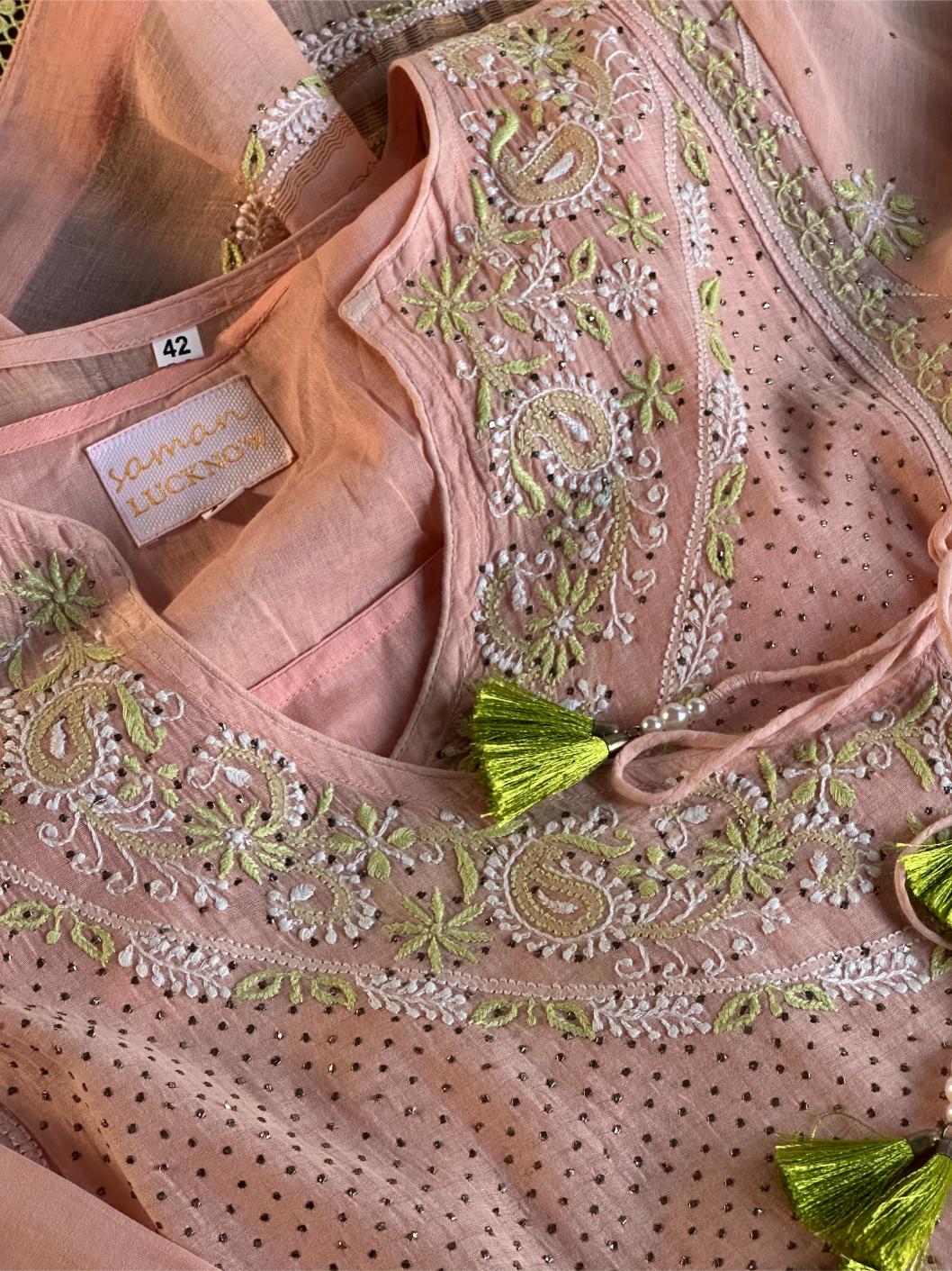 Peach & Green Shade Malmal Mukaish Kamdani Chikankari Kalidar Angarkha