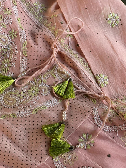 Peach & Green Shade Malmal Mukaish Kamdani Chikankari Kalidar Angarkha