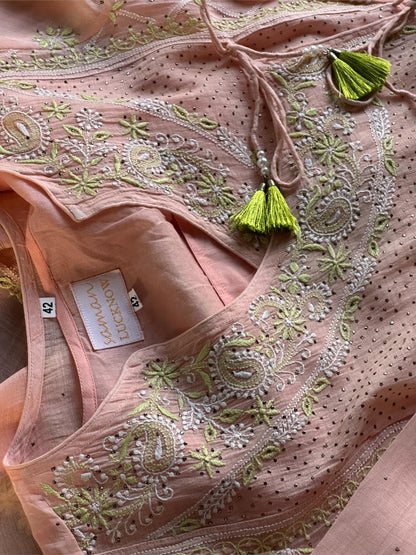 Peach & Green Shade Malmal Mukaish Kamdani Chikankari Kalidar Angarkha