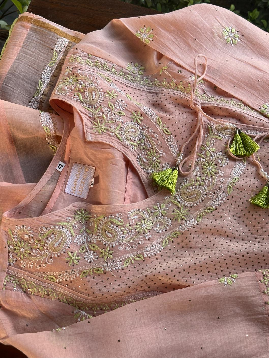 Peach & Green Shade Malmal Mukaish Kamdani Chikankari Kalidar Angarkha