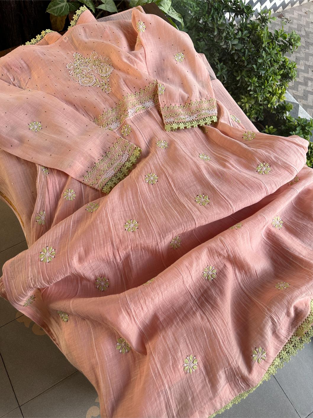 Peach & Green Shade Malmal Mukaish Kamdani Chikankari Kalidar Angarkha