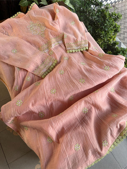 Peach & Green Shade Malmal Mukaish Kamdani Chikankari Kalidar Angarkha