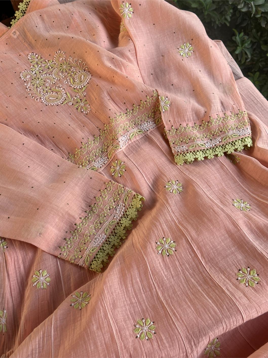 Peach & Green Shade Malmal Mukaish Kamdani Chikankari Kalidar Angarkha
