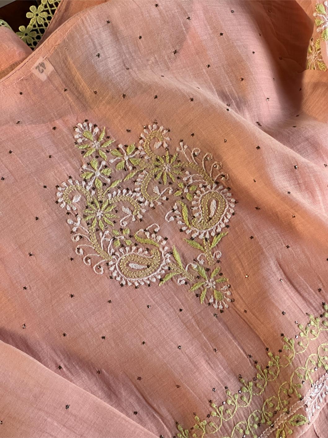 Peach & Green Shade Malmal Mukaish Kamdani Chikankari Kalidar Angarkha