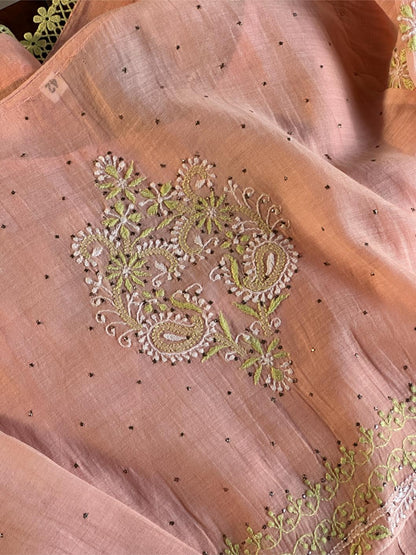 Peach & Green Shade Malmal Mukaish Kamdani Chikankari Kalidar Angarkha