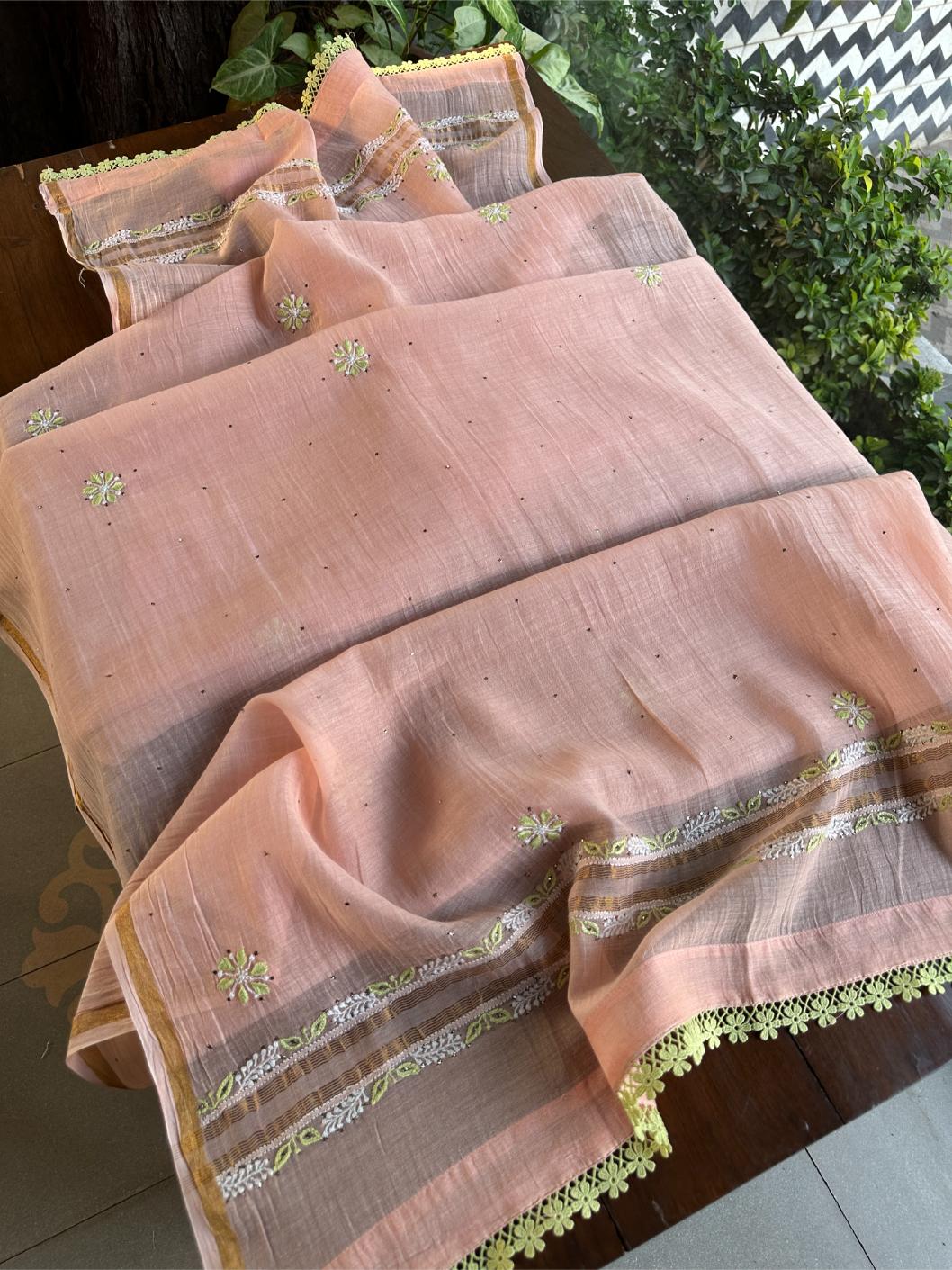 Peach & Green Shade Malmal Mukaish Kamdani Chikankari Kalidar Angarkha