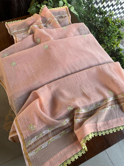 Peach & Green Shade Malmal Mukaish Kamdani Chikankari Kalidar Angarkha
