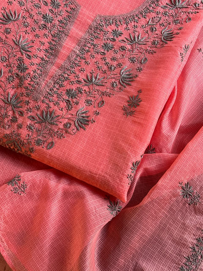 Peach & Grey Shade Kota Chikankari Unstitched Suit Fabric