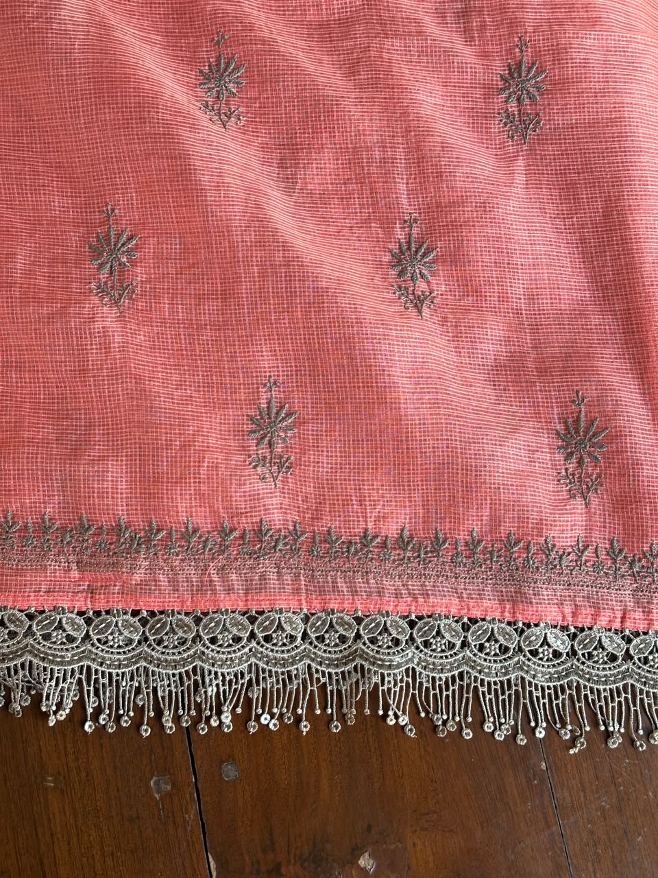 Peach & Grey Shade Kota Chikankari Unstitched Suit Fabric