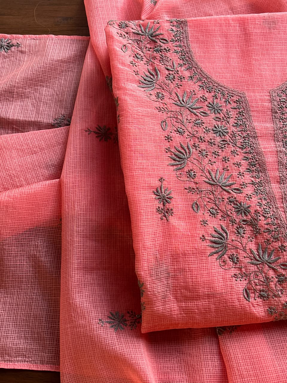 Peach & Grey Shade Kota Chikankari Unstitched Suit Fabric