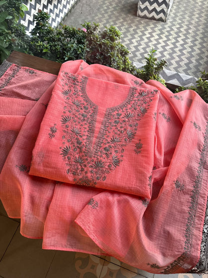 Peach & Grey Shade Kota Chikankari Unstitched Suit Fabric