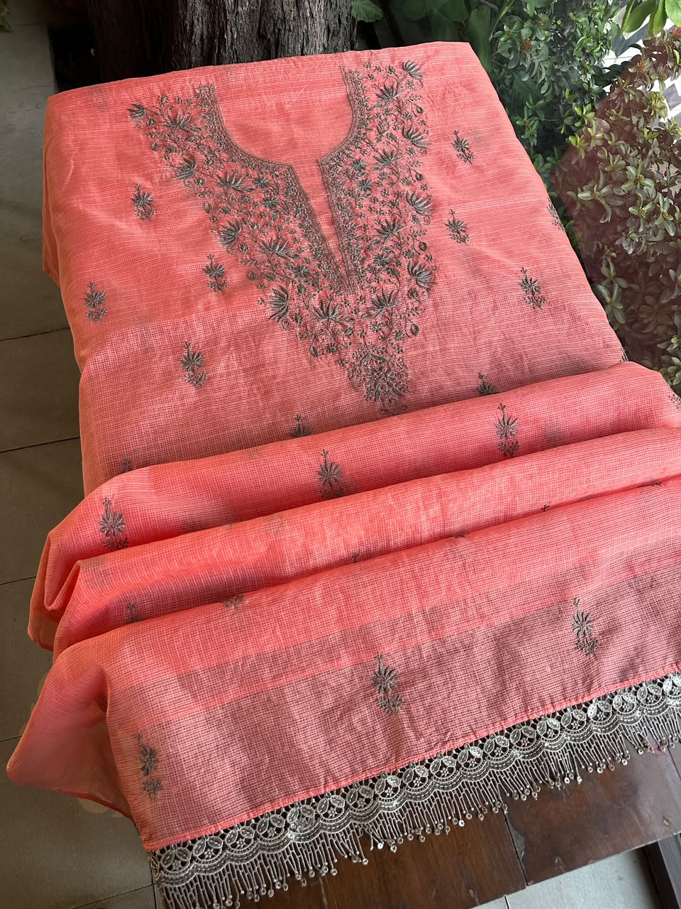 Peach & Grey Shade Kota Chikankari Unstitched Suit Fabric