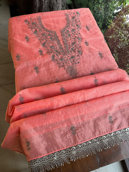 Peach & Grey Shade Kota Chikankari Unstitched Suit Fabric