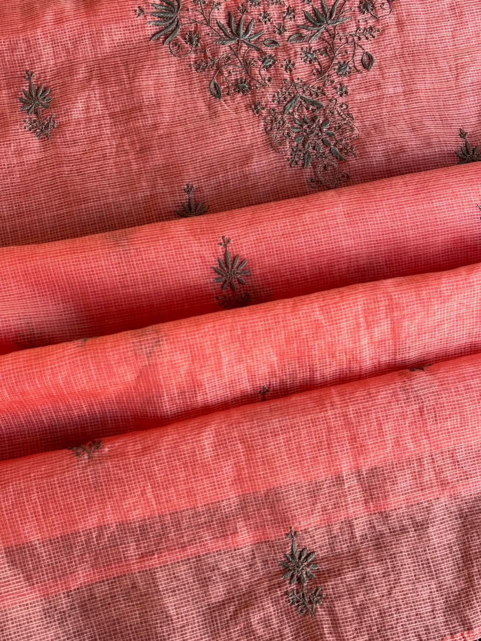 Peach & Grey Shade Kota Chikankari Unstitched Suit Fabric