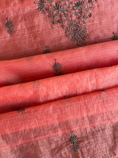 Peach & Grey Shade Kota Chikankari Unstitched Suit Fabric