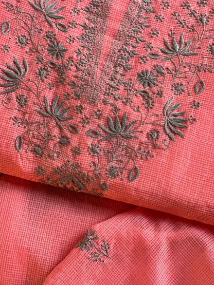 Peach & Grey Shade Kota Chikankari Unstitched Suit Fabric