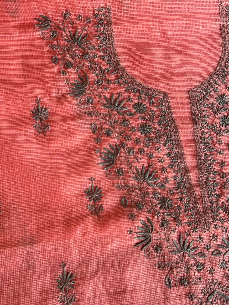 Peach & Grey Shade Kota Chikankari Unstitched Suit Fabric