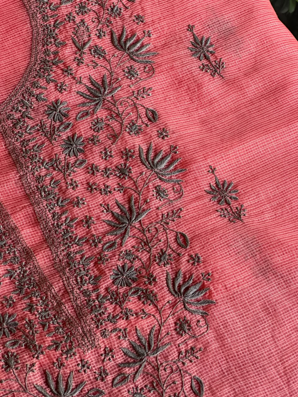 Peach & Grey Shade Kota Chikankari Unstitched Suit Fabric