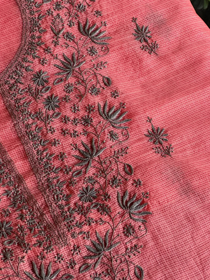 Peach & Grey Shade Kota Chikankari Unstitched Suit Fabric