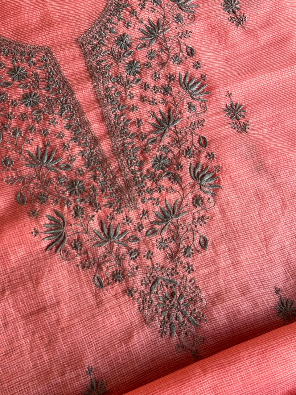 Peach & Grey Shade Kota Chikankari Unstitched Suit Fabric