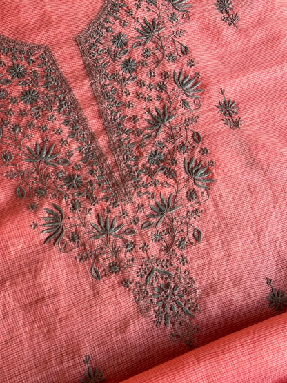 Peach & Grey Shade Kota Chikankari Unstitched Suit Fabric
