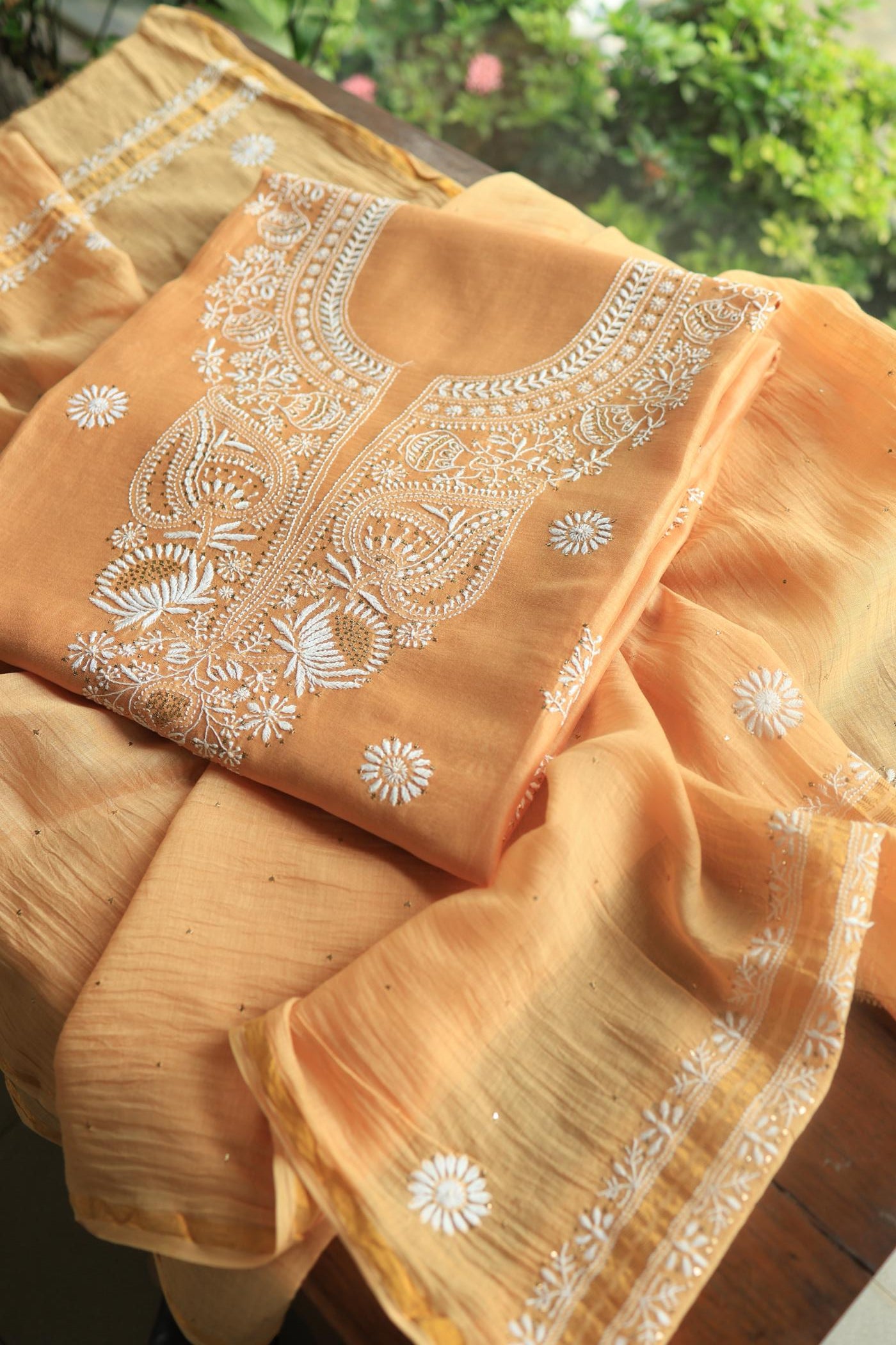 Peach Mal Cotton Chikankari Unstitched Kurta Dupatta Fabrics With Kamdani