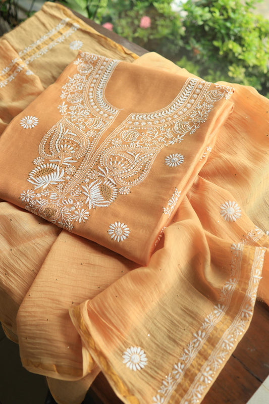 Peach Mal Cotton Chikankari Unstitched Kurta Dupatta Fabrics With Kamdani