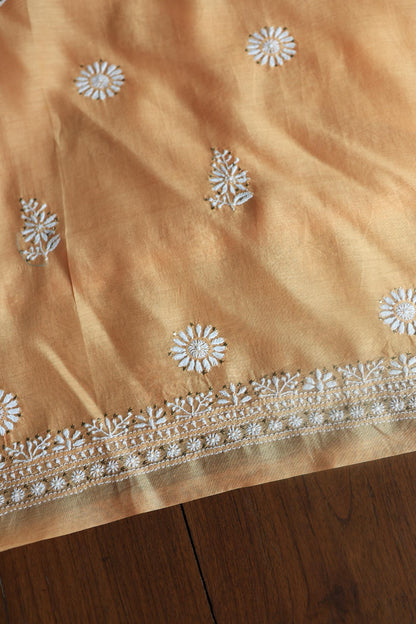 Peach Mal Cotton Chikankari Unstitched Kurta Dupatta Fabrics With Kamdani