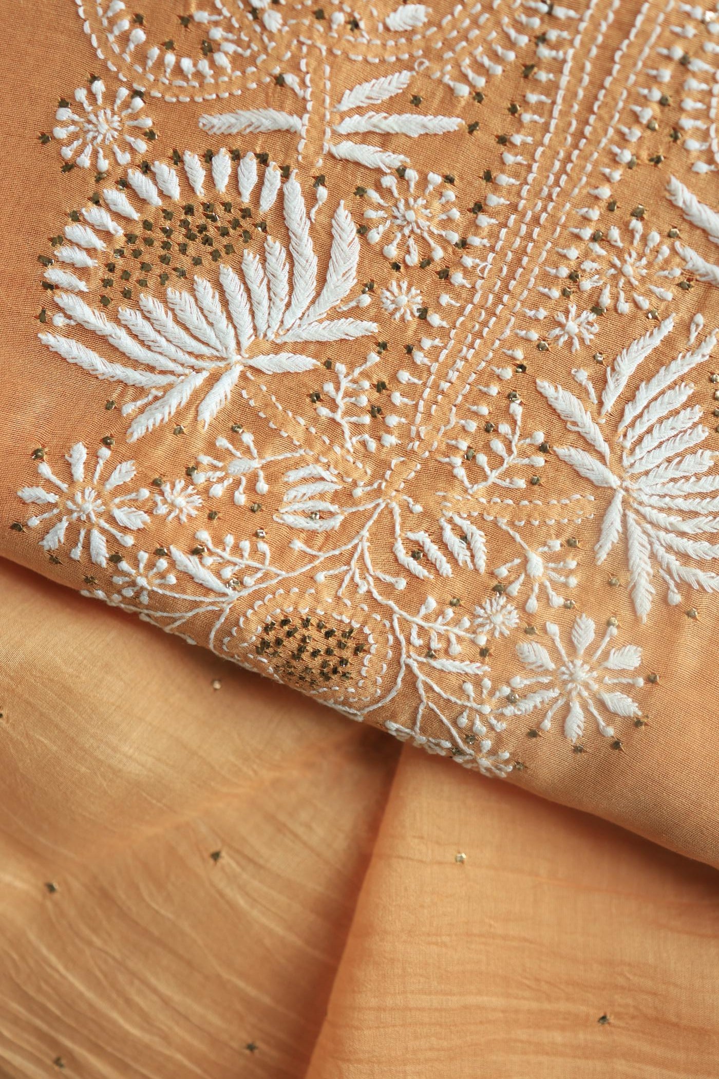 Peach Mal Cotton Chikankari Unstitched Kurta Dupatta Fabrics With Kamdani