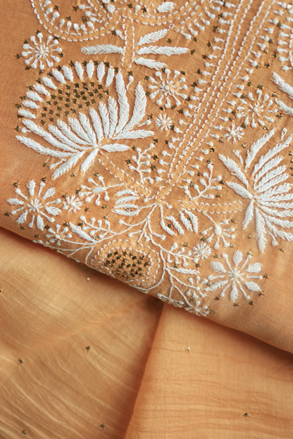 Peach Mal Cotton Chikankari Unstitched Kurta Dupatta Fabrics With Kamdani