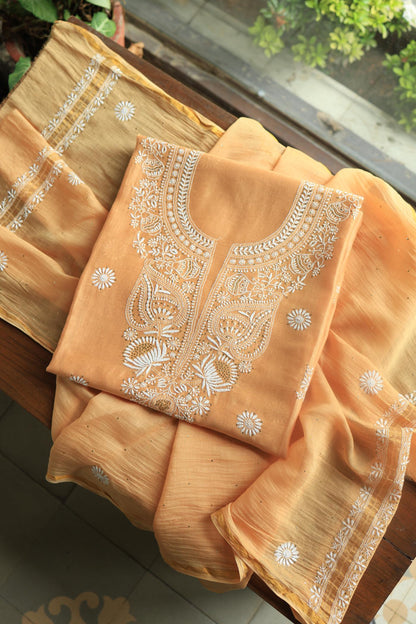 Peach Mal Cotton Chikankari Unstitched Kurta Dupatta Fabrics With Kamdani