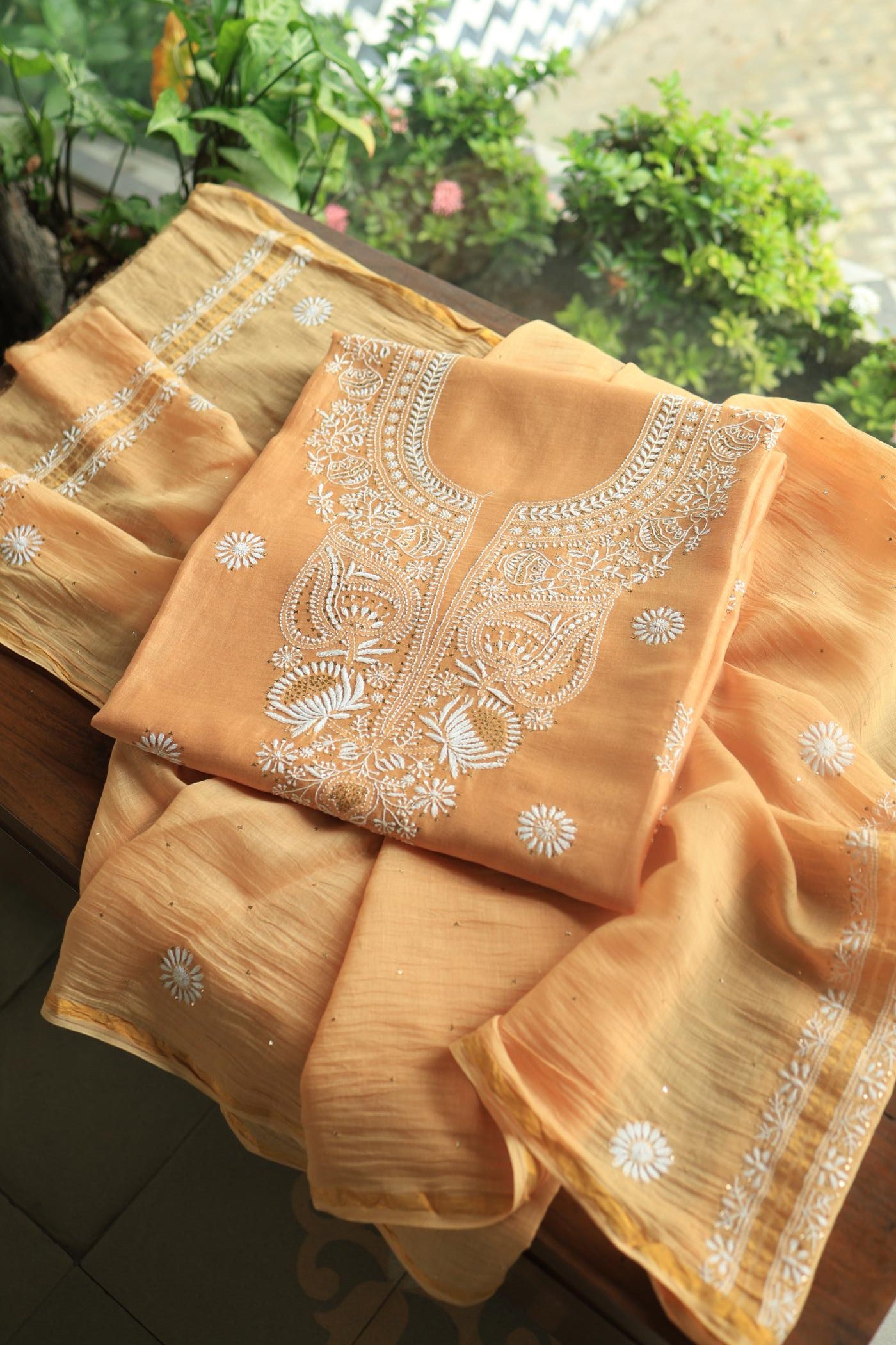 Peach Mal Cotton Chikankari Unstitched Kurta Dupatta Fabrics With Kamdani