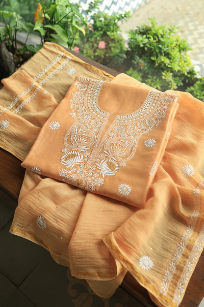 Peach Mal Cotton Chikankari Unstitched Kurta Dupatta Fabrics With Kamdani