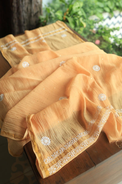 Peach Mal Cotton Chikankari Unstitched Kurta Dupatta Fabrics With Kamdani