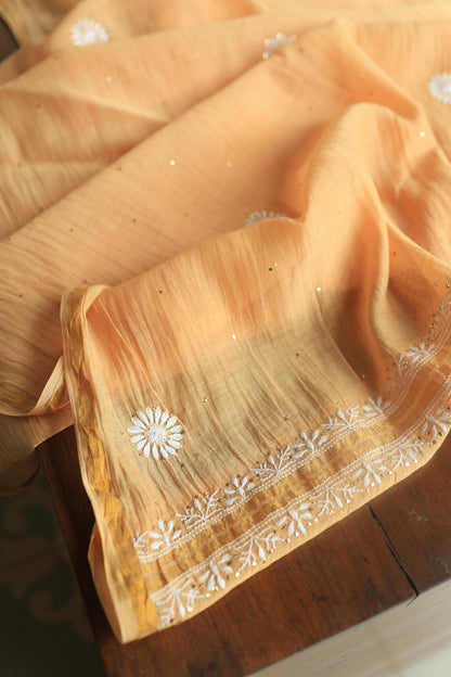 Peach Mal Cotton Chikankari Unstitched Kurta Dupatta Fabrics With Kamdani