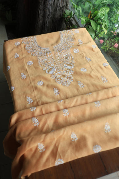 Peach Mal Cotton Chikankari Unstitched Kurta Dupatta Fabrics With Kamdani