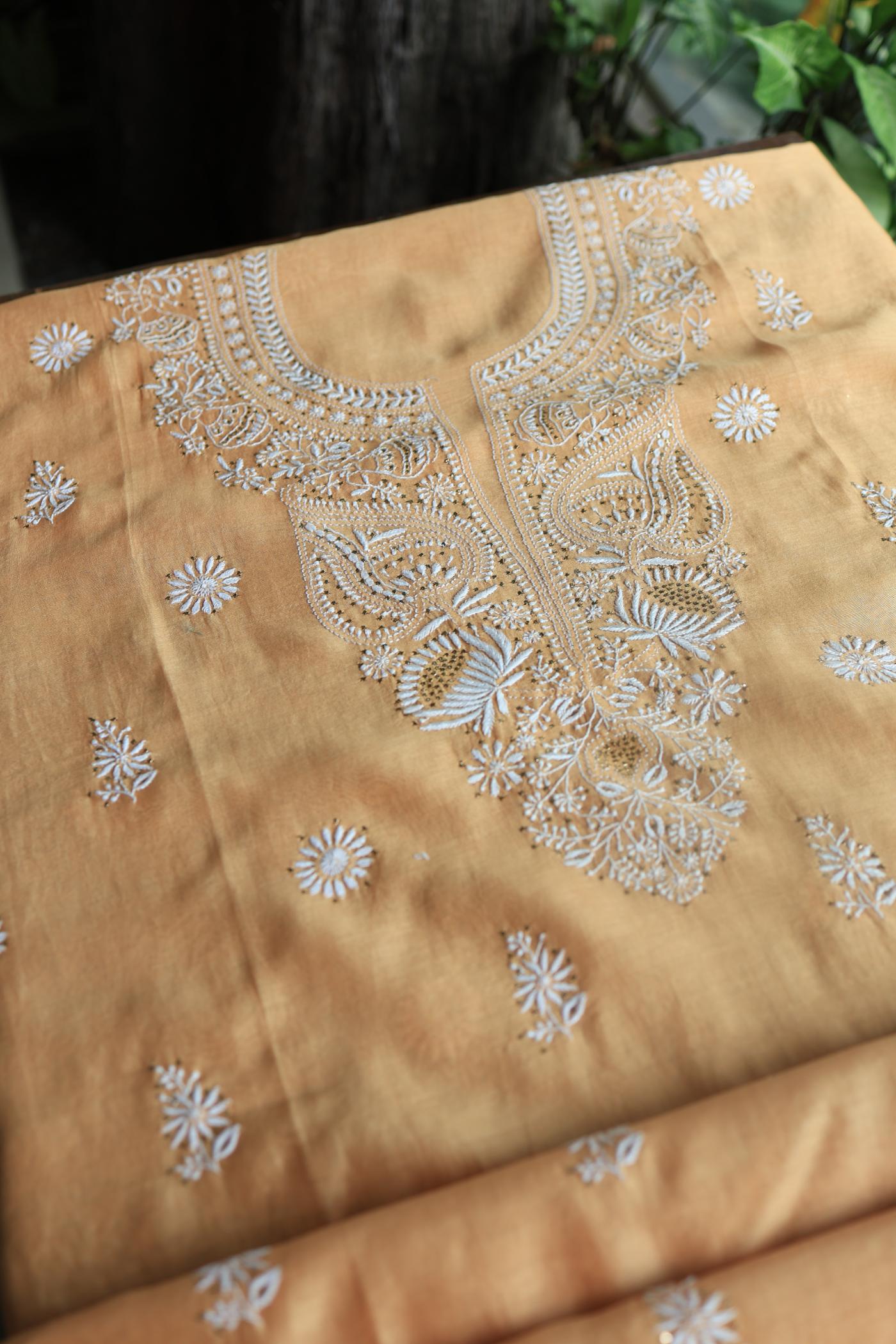 Peach Mal Cotton Chikankari Unstitched Kurta Dupatta Fabrics With Kamdani