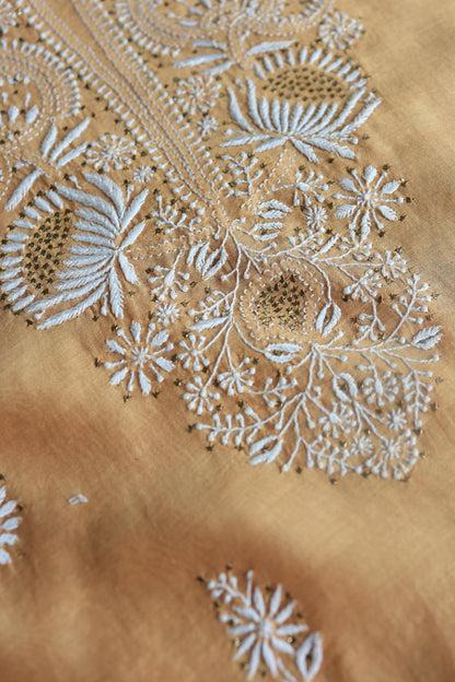 Peach Mal Cotton Chikankari Unstitched Kurta Dupatta Fabrics With Kamdani