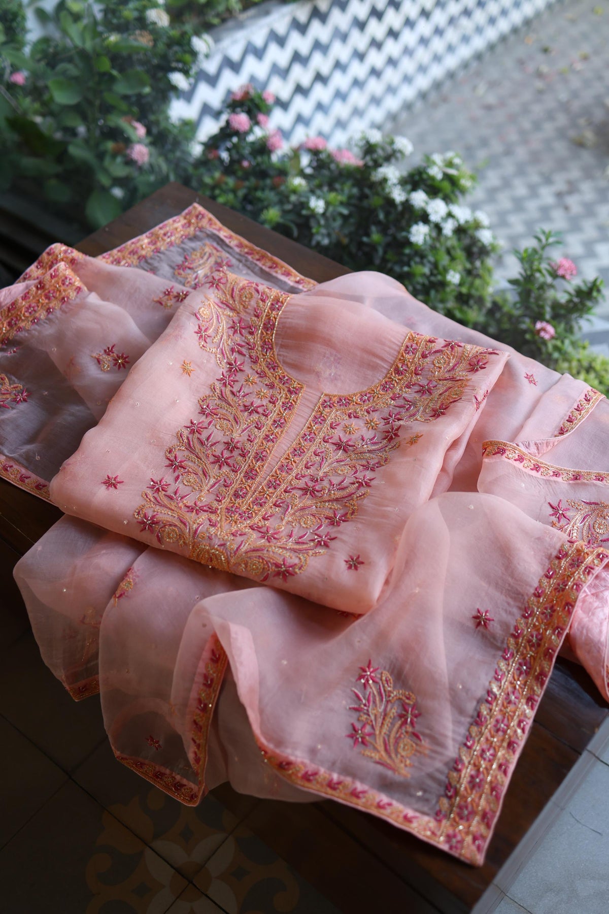 Peach & Pink Shade Noor Organza Silk Chikankari Unstitched Kurta Dupatta Set