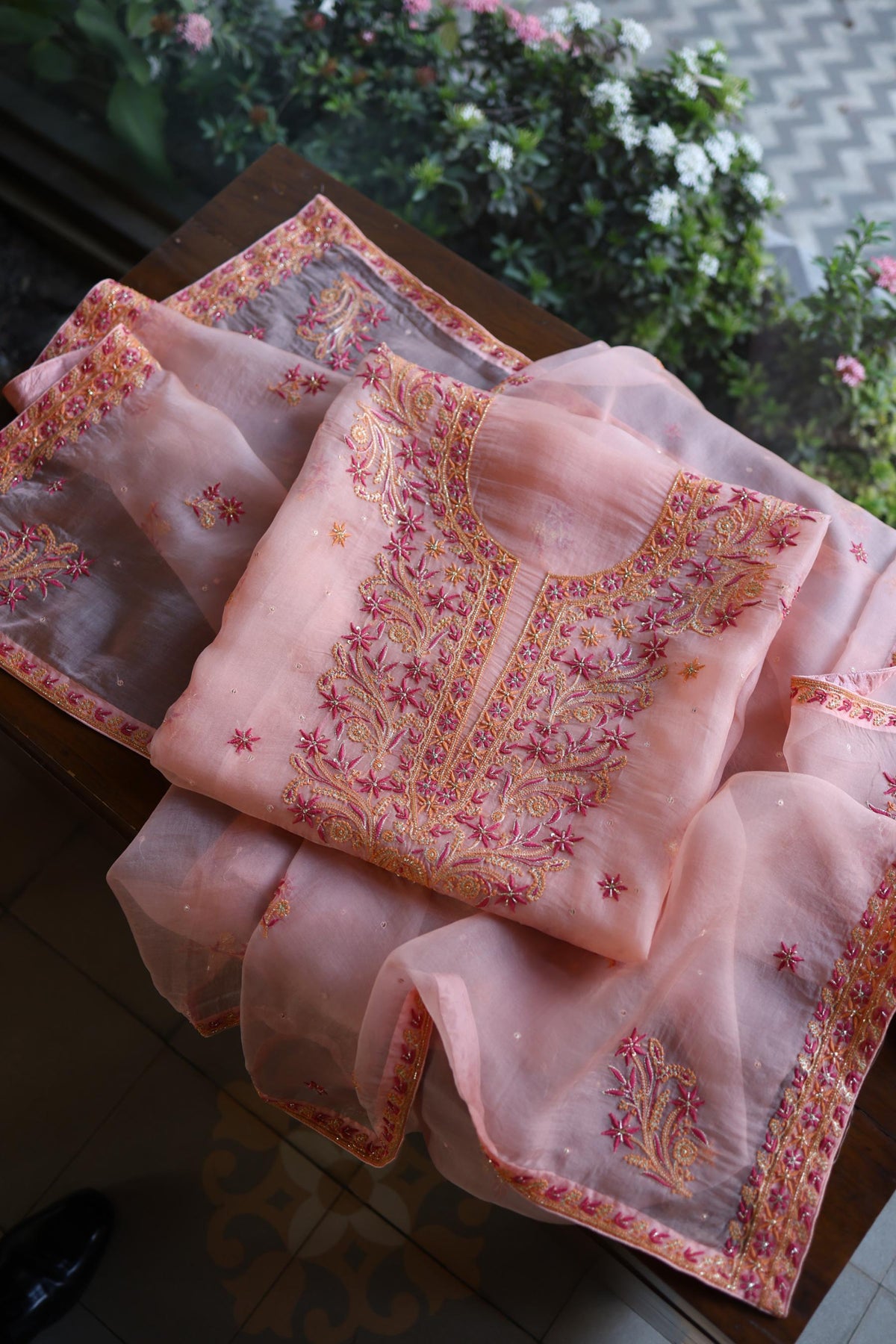 Peach & Pink Shade Noor Organza Silk Chikankari Unstitched Kurta Dupatta Set
