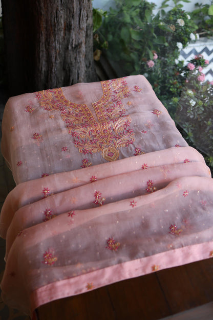 Peach & Pink Shade Noor Organza Silk Chikankari Unstitched Kurta Dupatta Set