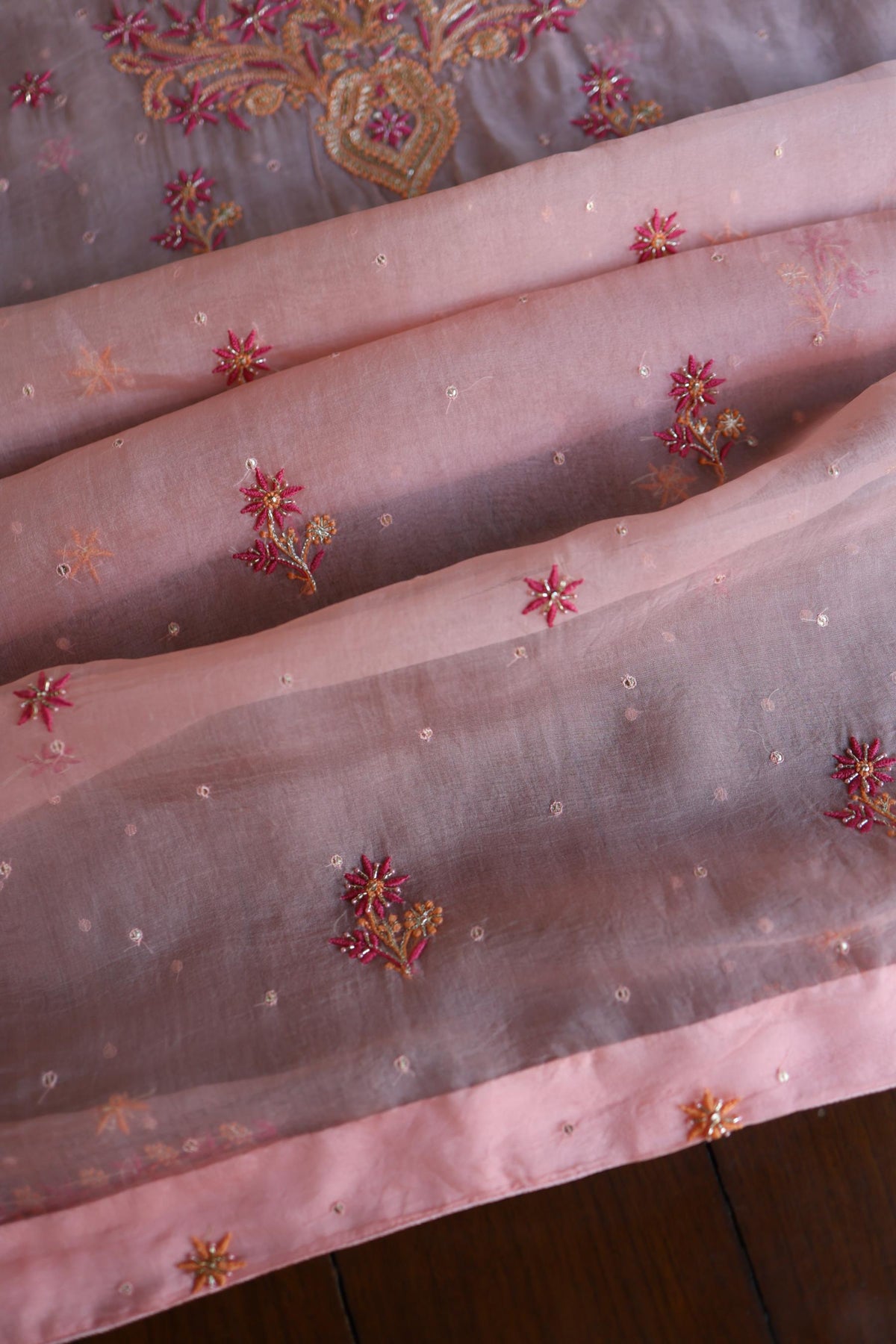 Peach & Pink Shade Noor Organza Silk Chikankari Unstitched Kurta Dupatta Set