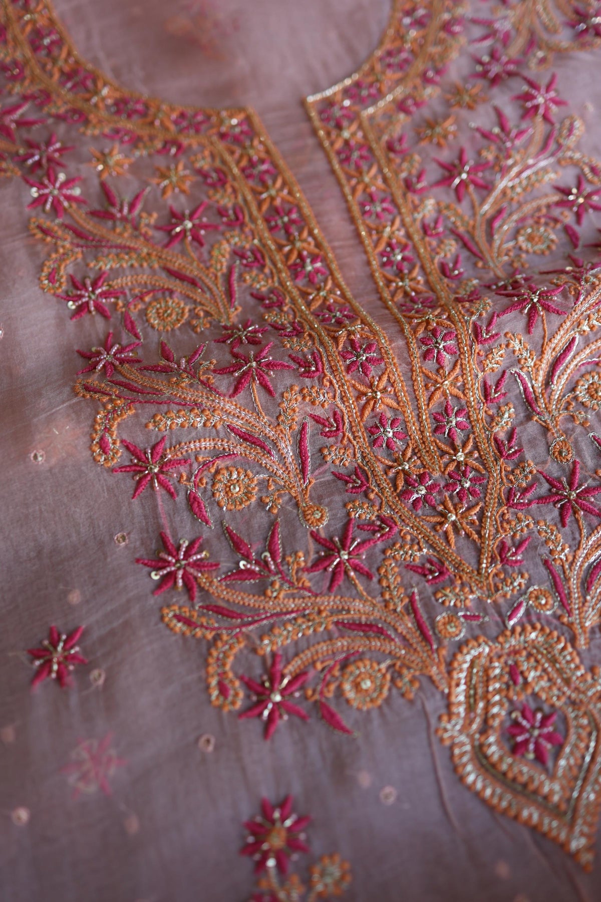 Peach & Pink Shade Noor Organza Silk Chikankari Unstitched Kurta Dupatta Set