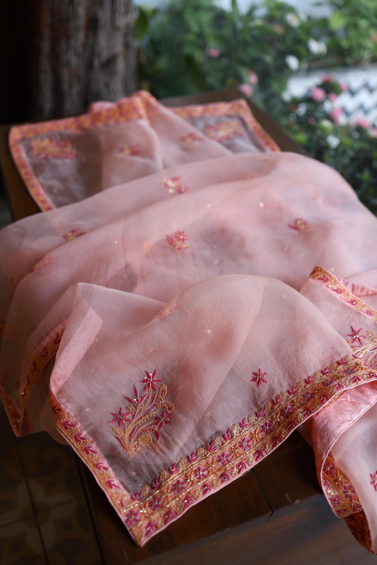 Peach & Pink Shade Noor Organza Silk Chikankari Unstitched Kurta Dupatta Set