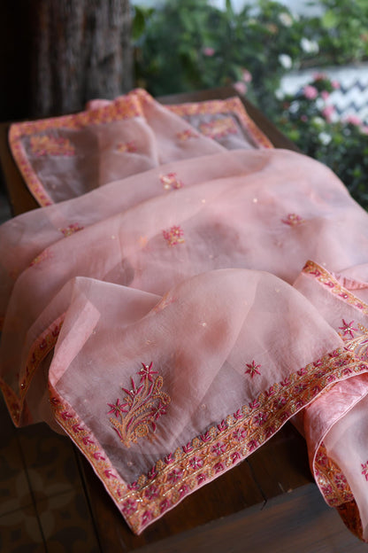 Peach & Pink Shade Noor Organza Silk Chikankari Unstitched Kurta Dupatta Set